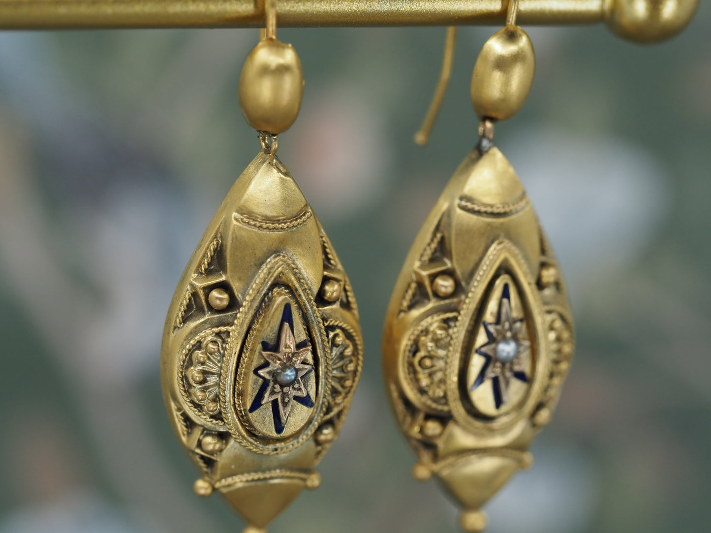 Antique Pearl and Enamel Etruscan Revival Earrings in 18ct Gold Hudsons Estate Jewellery