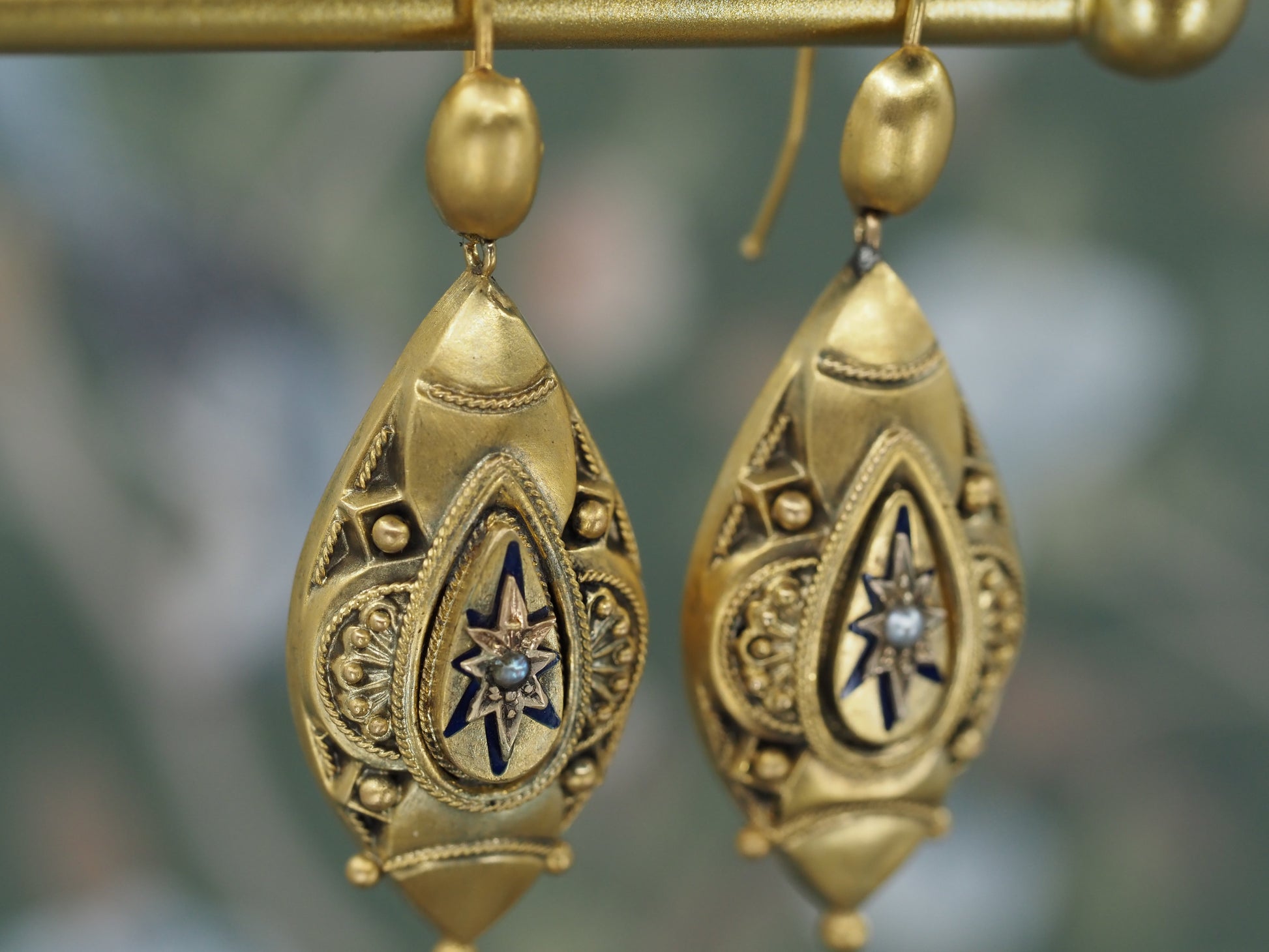 Antique Pearl and Enamel Etruscan Revival Earrings in 18ct Gold Hudsons Estate Jewellery