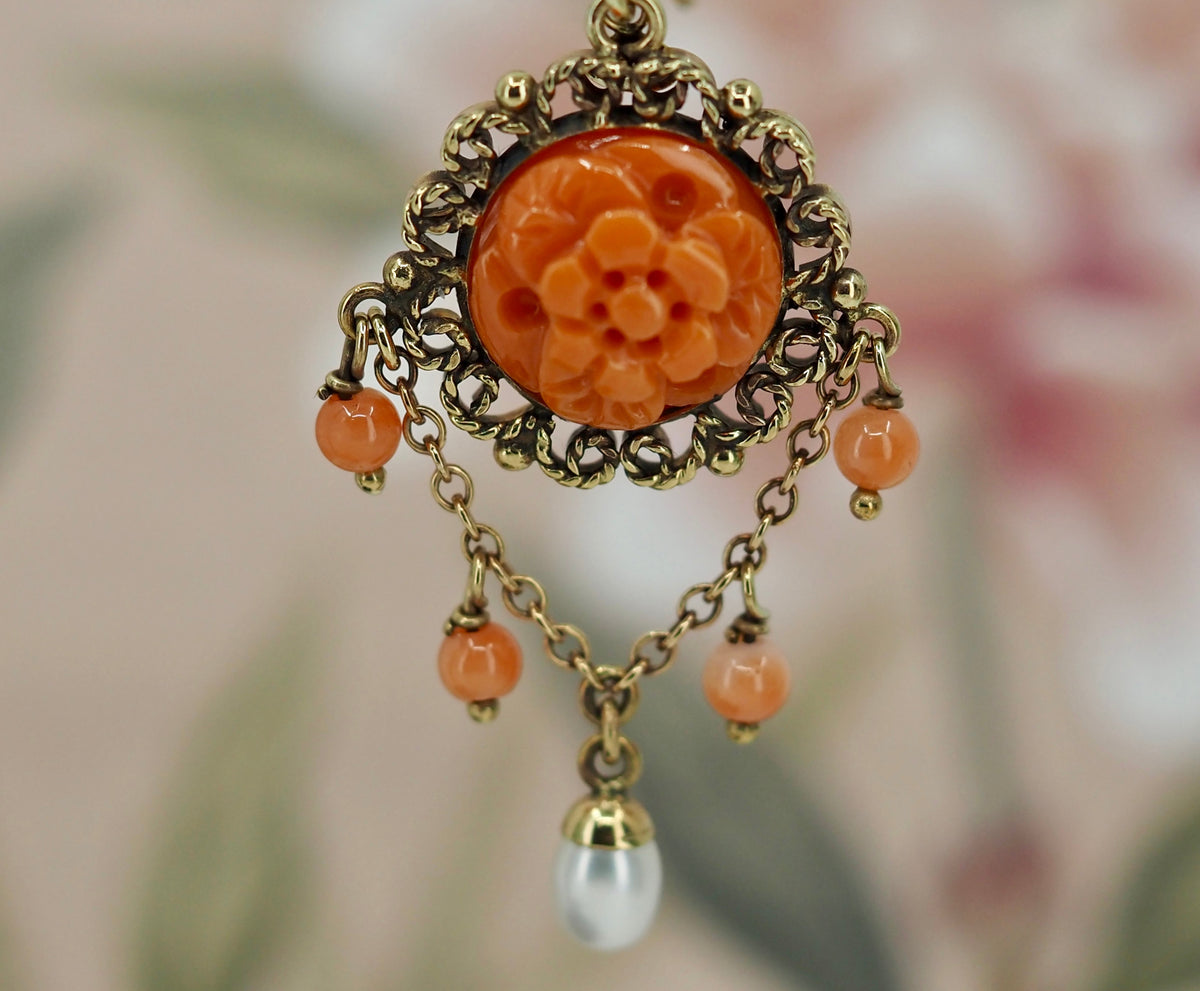 Coral and Seed Pearl Earrings in 9ct Gold Hudsons Estate Jewellery