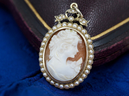 Edwardian style cameo in 9ct gold with seed pearls Hudsons Estate Jewellery