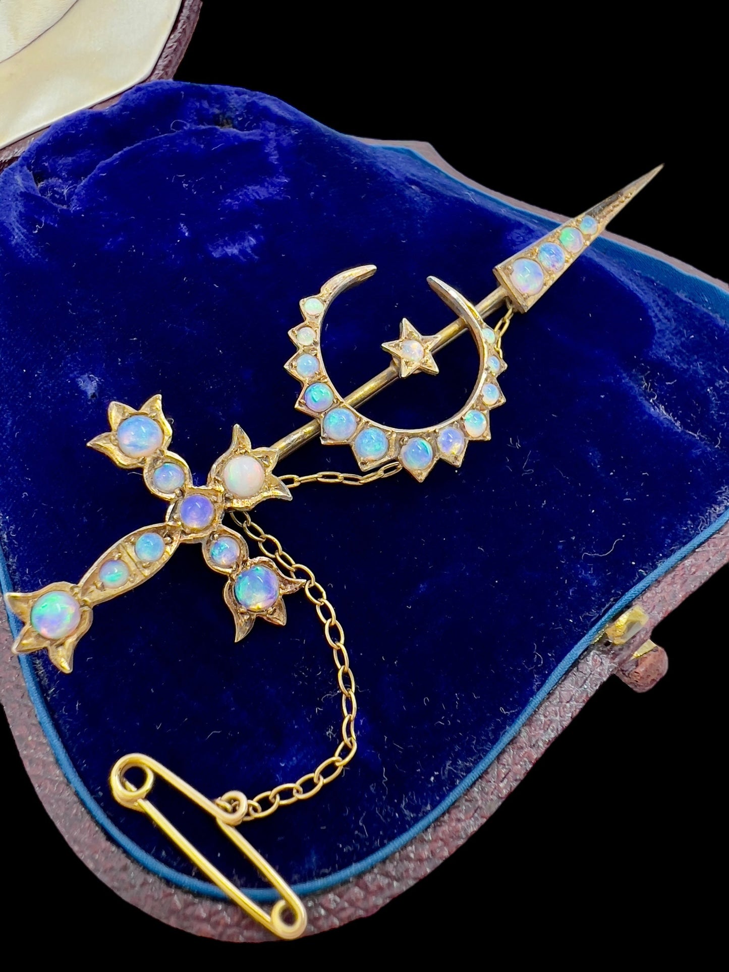 Antique opal sword & crescent brooch in 15ct gold by Aronson & Co