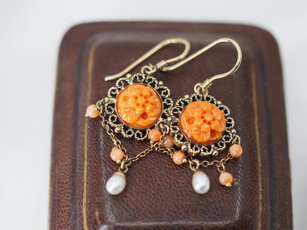 Coral and Seed Pearl Earrings in 9ct Gold Hudsons Estate Jewellery
