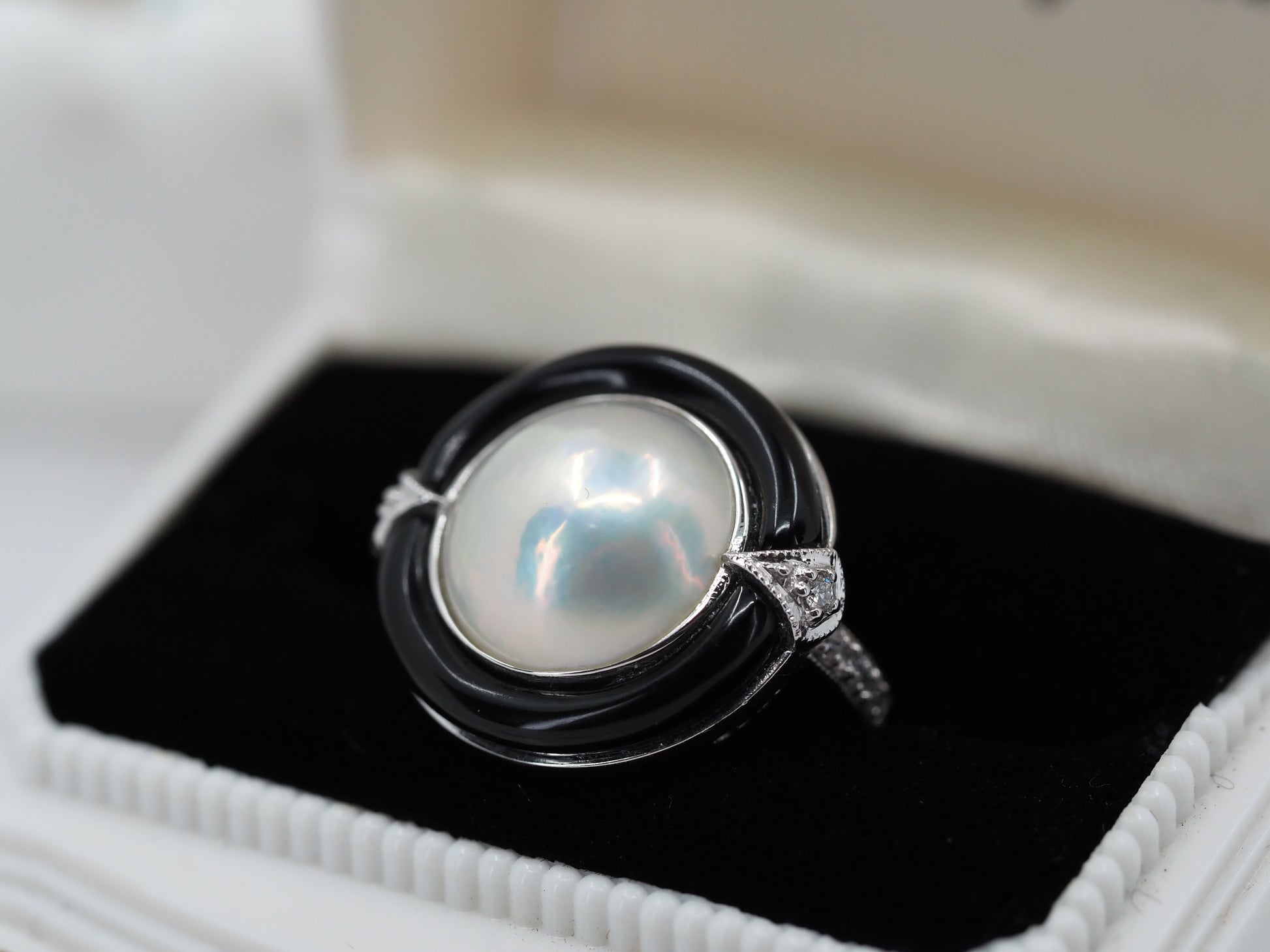 Vintage Mabe pearl, onyx and diamond ring Hudsons Estate Jewellery