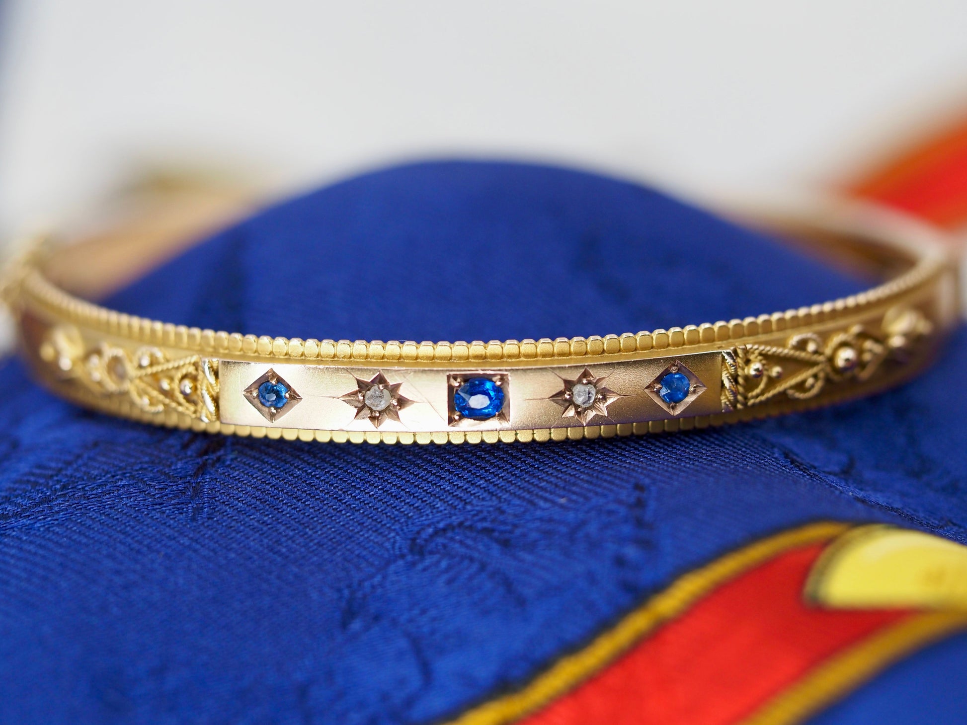 Antique 9ct Gold Sapphire & Diamond Bangle Hudsons Estate Jewellery