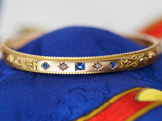 Antique 9ct Gold Sapphire & Diamond Bangle Hudsons Estate Jewellery