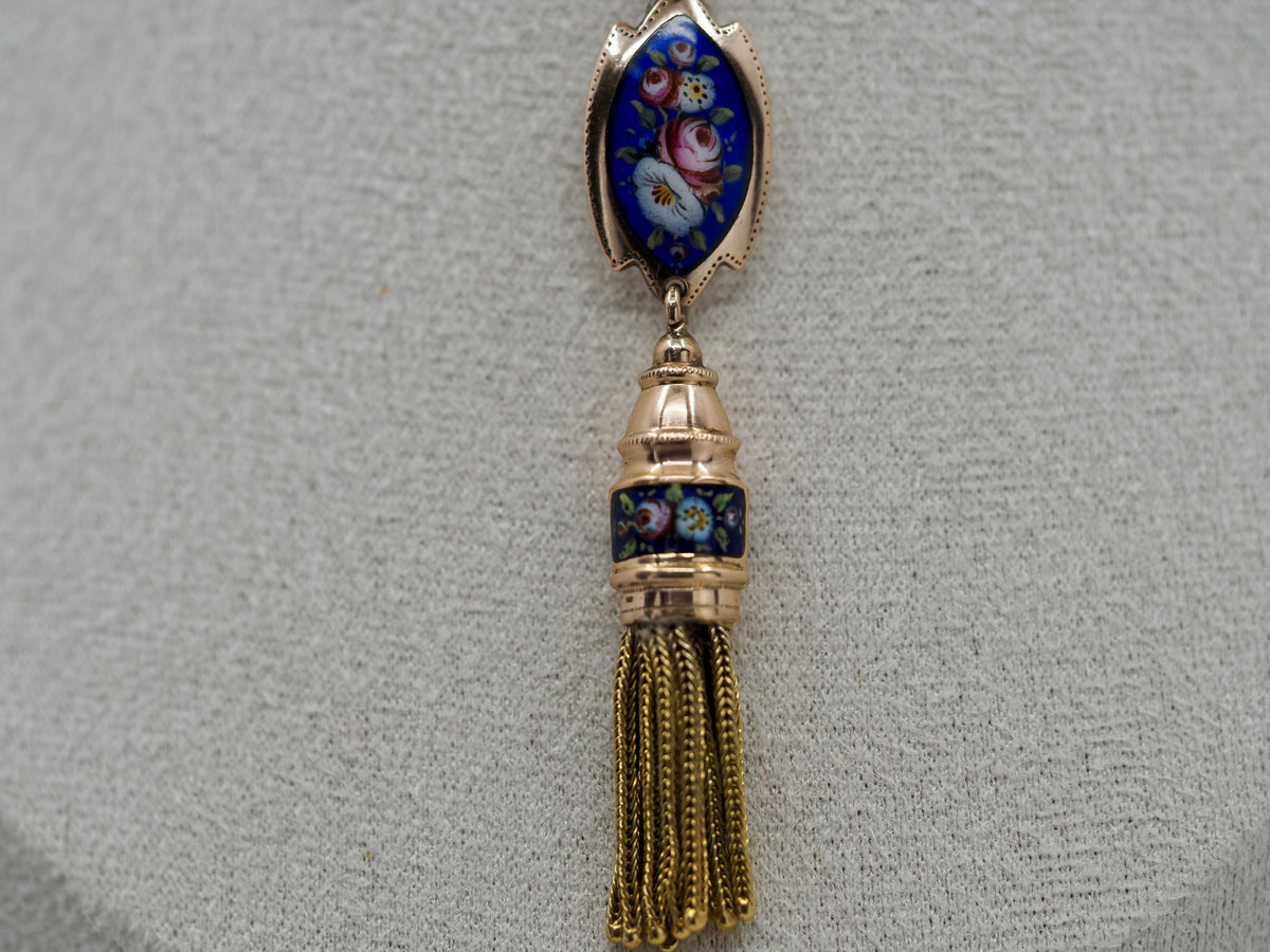 Antique Swiss Enamel and 18ct Gold Tassel Pendant Hudsons Estate Jewellery