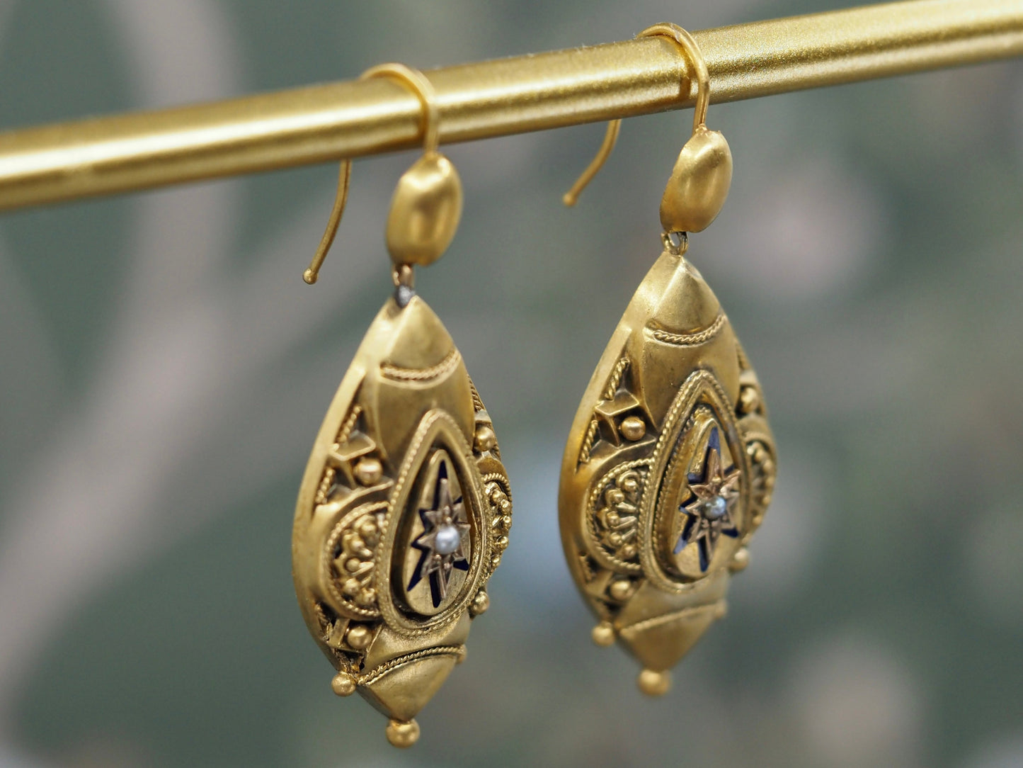 Antique Pearl and Enamel Etruscan Revival Earrings in 18ct Gold Hudsons Estate Jewellery