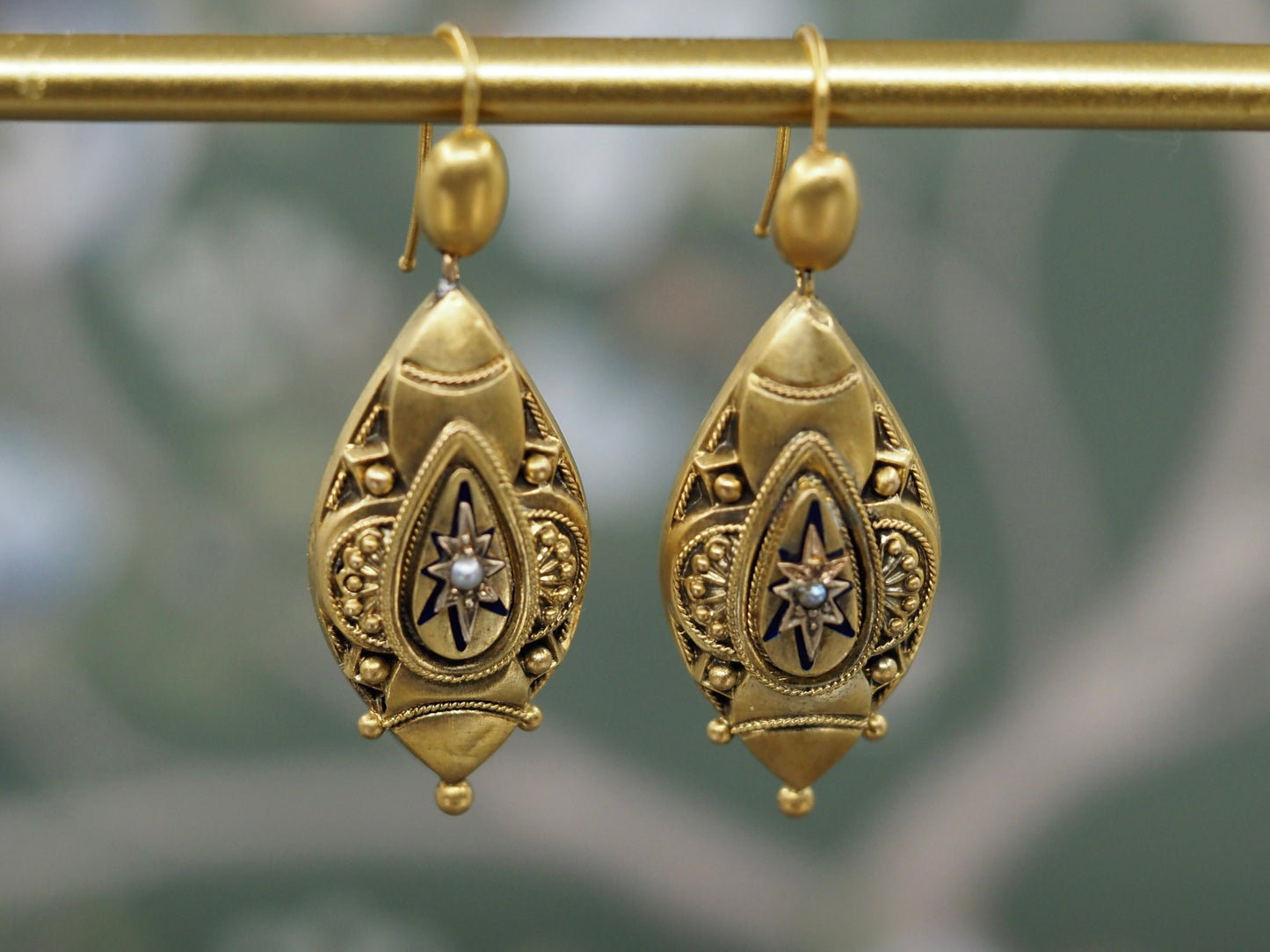 Antique Pearl and Enamel Etruscan Revival Earrings in 18ct Gold Hudsons Estate Jewellery