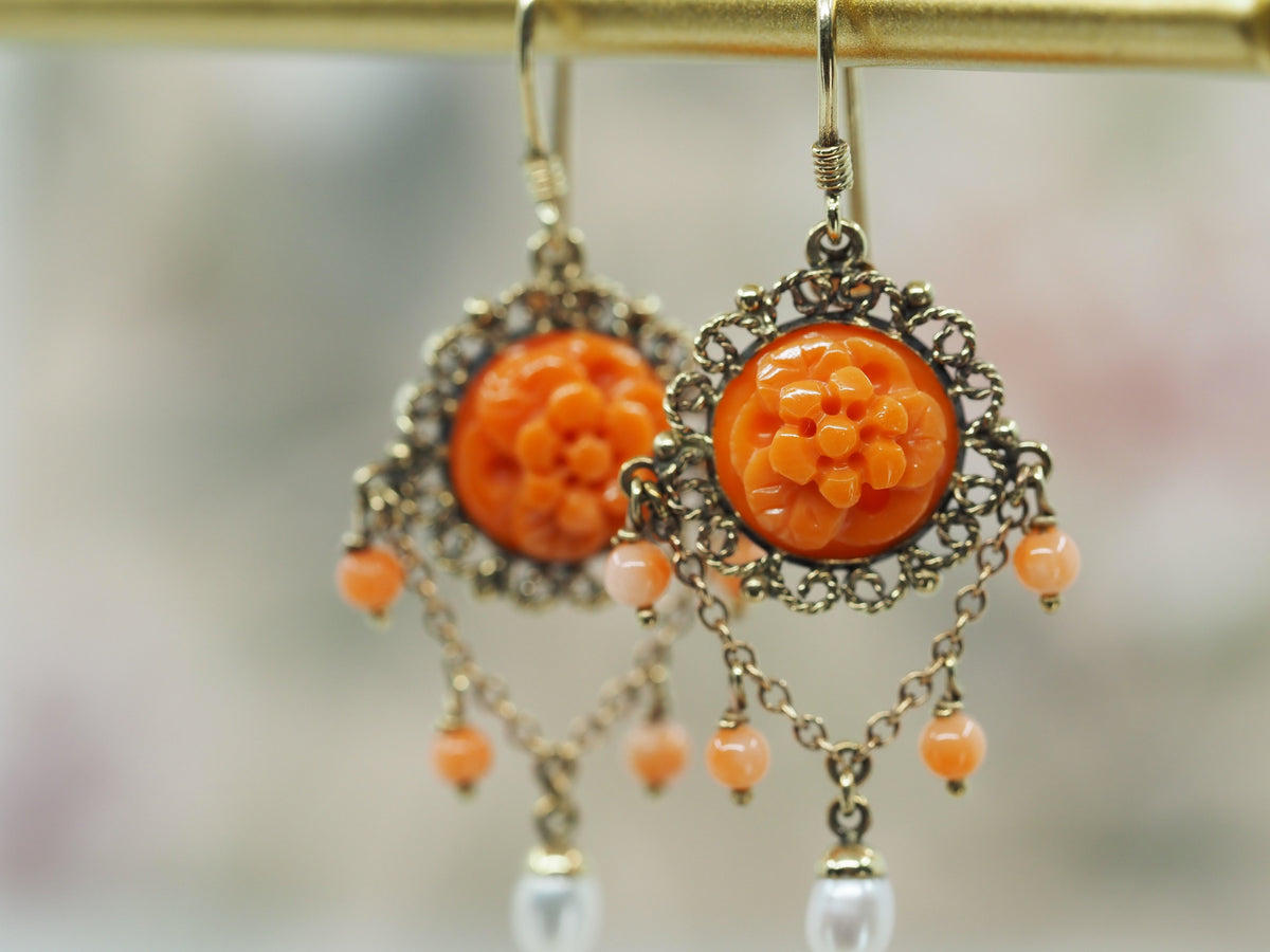 Coral and Seed Pearl Earrings in 9ct Gold Hudsons Estate Jewellery