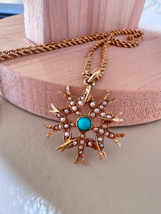 Antique Victorian 15ct Gold Seed Pearl and Turquoise Swallow Pendant Hudsons Estate Jewellery