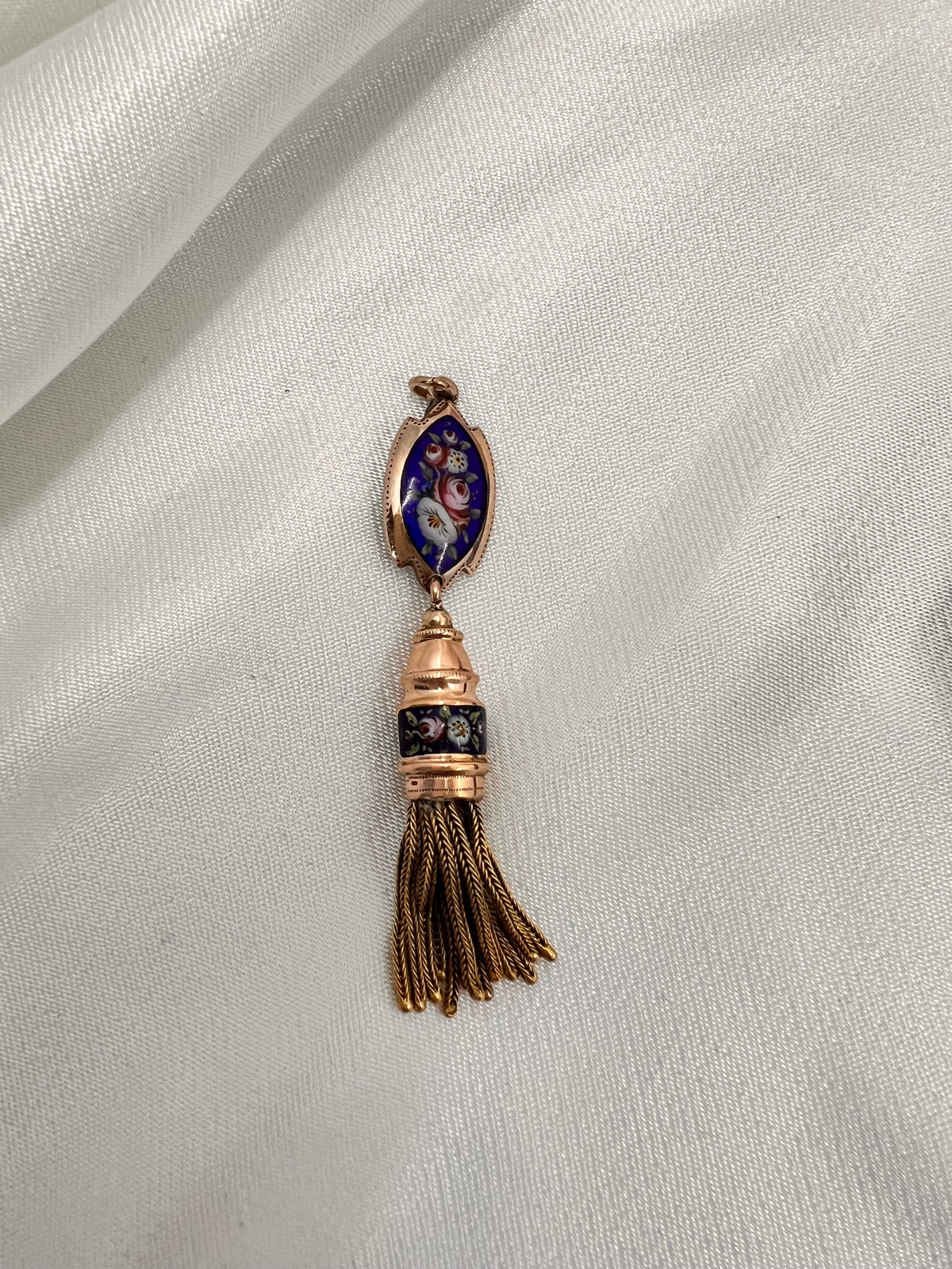 Antique Swiss Enamel and 18ct Gold Tassel Pendant Hudsons Estate Jewellery