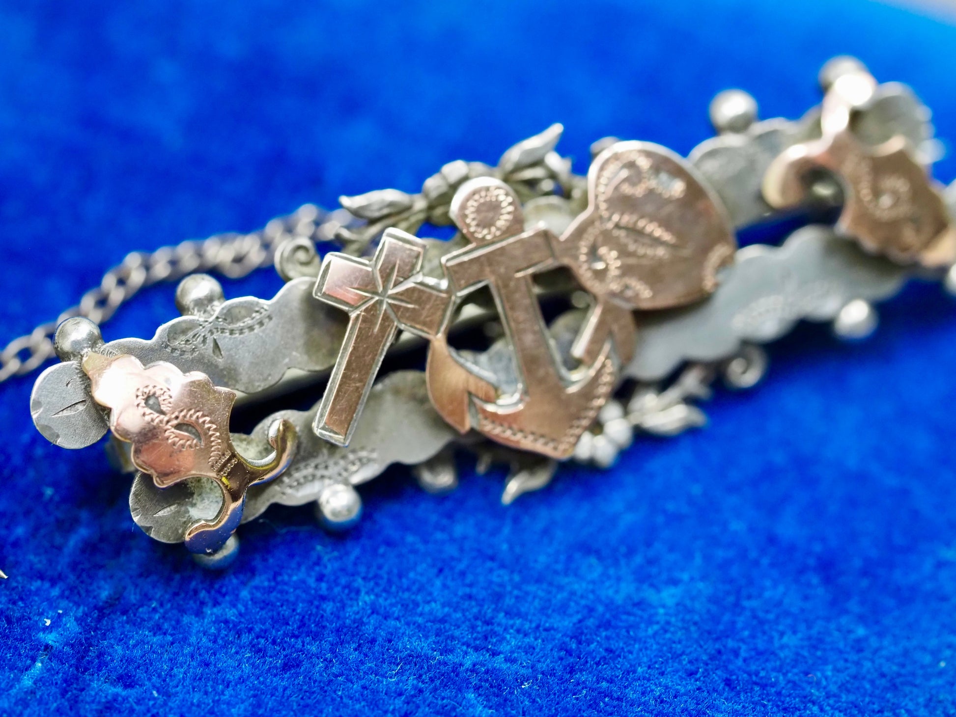 Antique Sterling Silver & Rose Gold Faith, Hope & Charity Brooch Hudsons Estate Jewellery