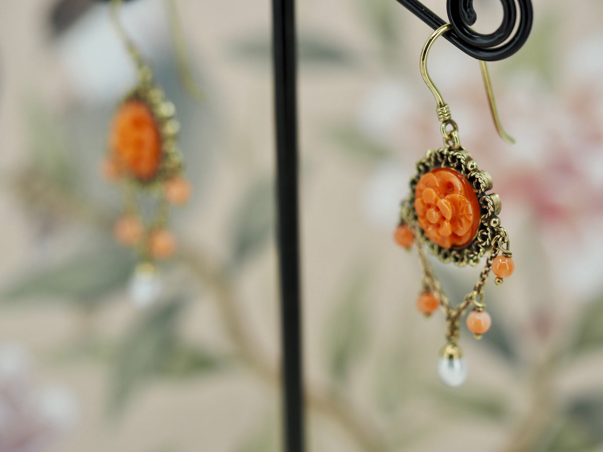 Coral and Seed Pearl Earrings in 9ct Gold Hudsons Estate Jewellery