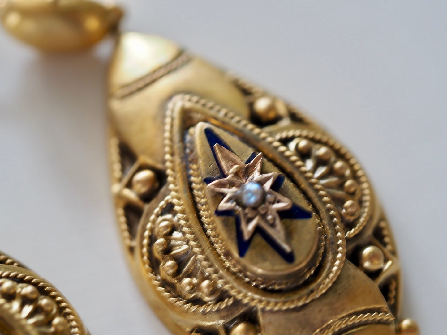 Antique Pearl and Enamel Etruscan Revival Earrings in 18ct Gold Hudsons Estate Jewellery