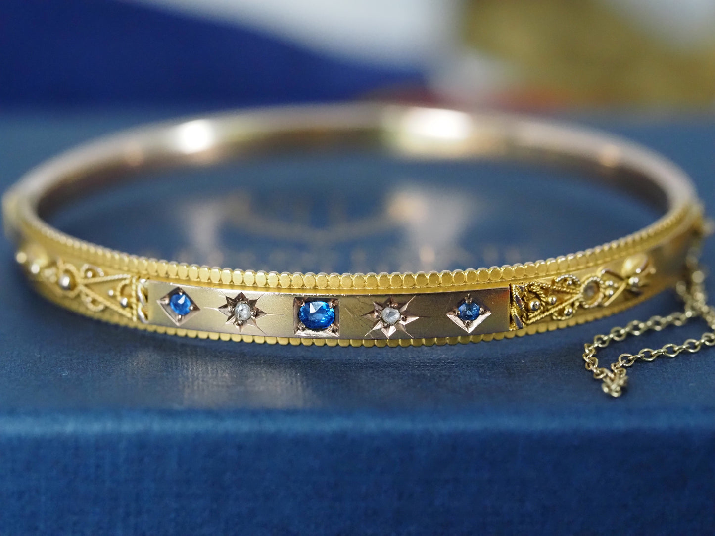 Antique 9ct Gold Sapphire & Diamond Bangle Hudsons Estate Jewellery