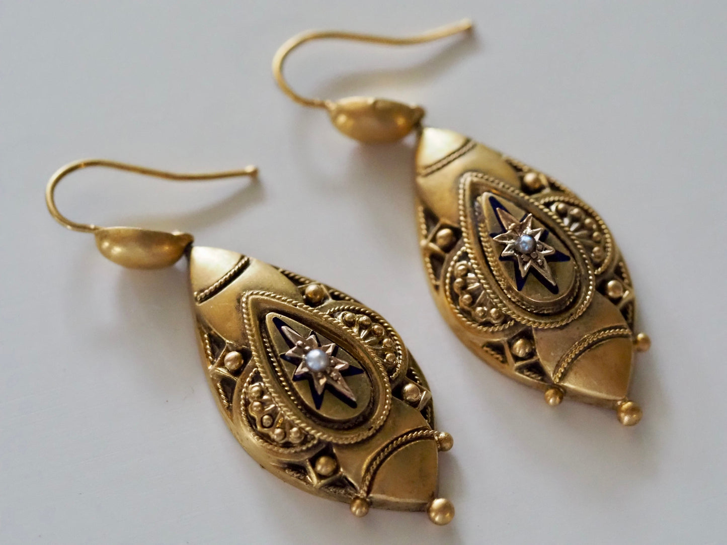 Antique Pearl and Enamel Etruscan Revival Earrings in 18ct Gold Hudsons Estate Jewellery