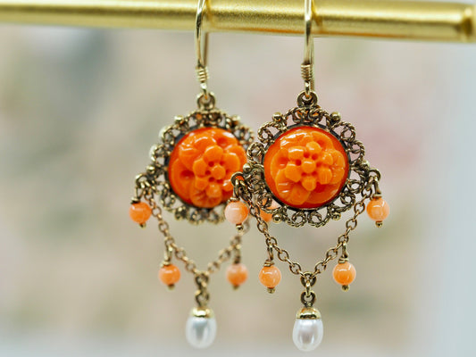 Coral and Seed Pearl Earrings in 9ct Gold Hudsons Estate Jewellery