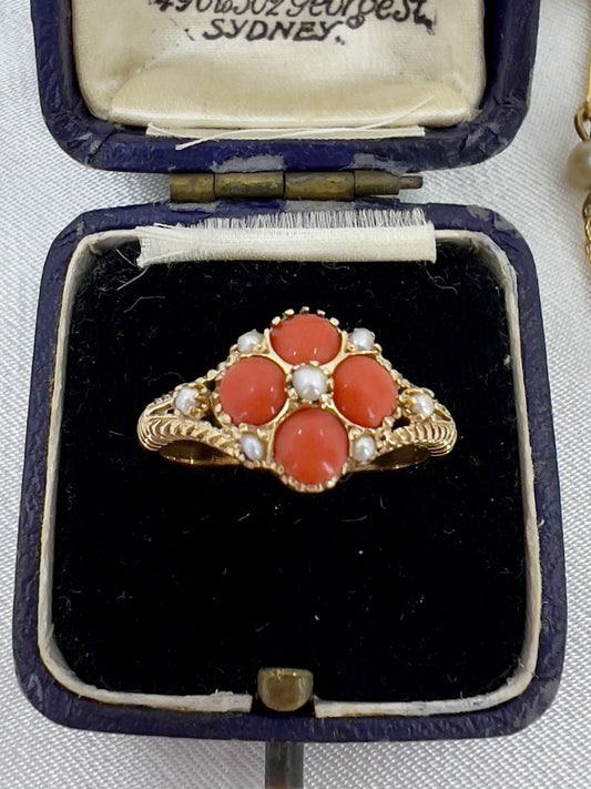 Pearl and coral ring in 9ct gold