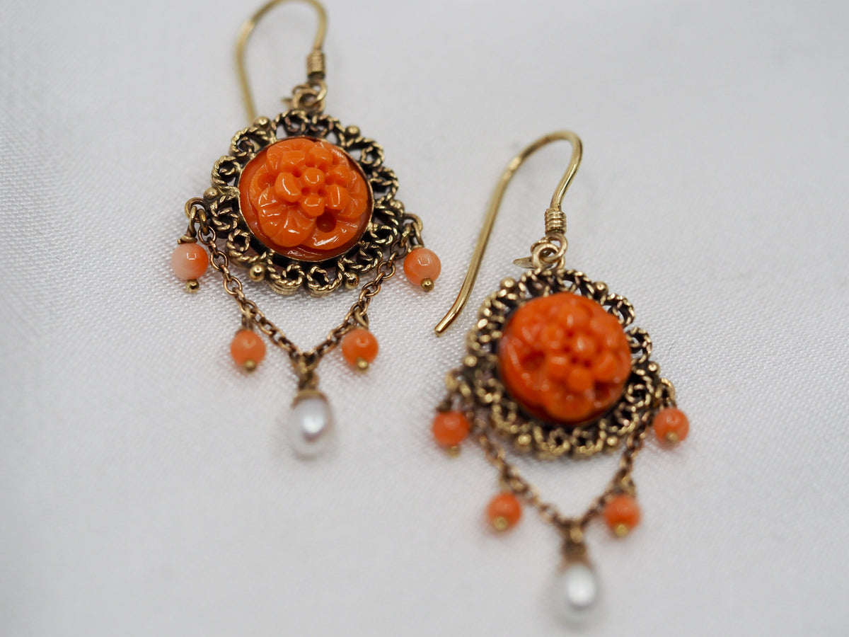 Coral and Seed Pearl Earrings in 9ct Gold Hudsons Estate Jewellery