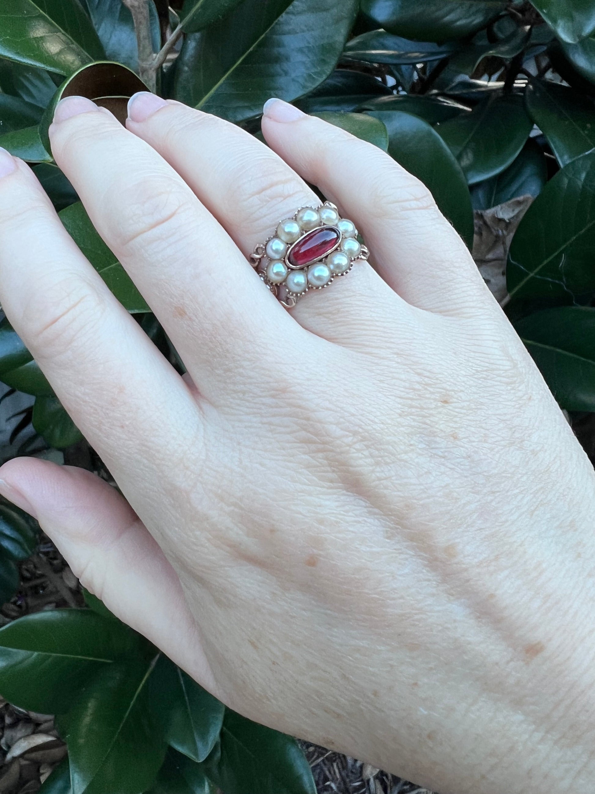 Georgian 15ct Gold, Seed Pearl and Garnet Ring Hudsons Estate Jewellery