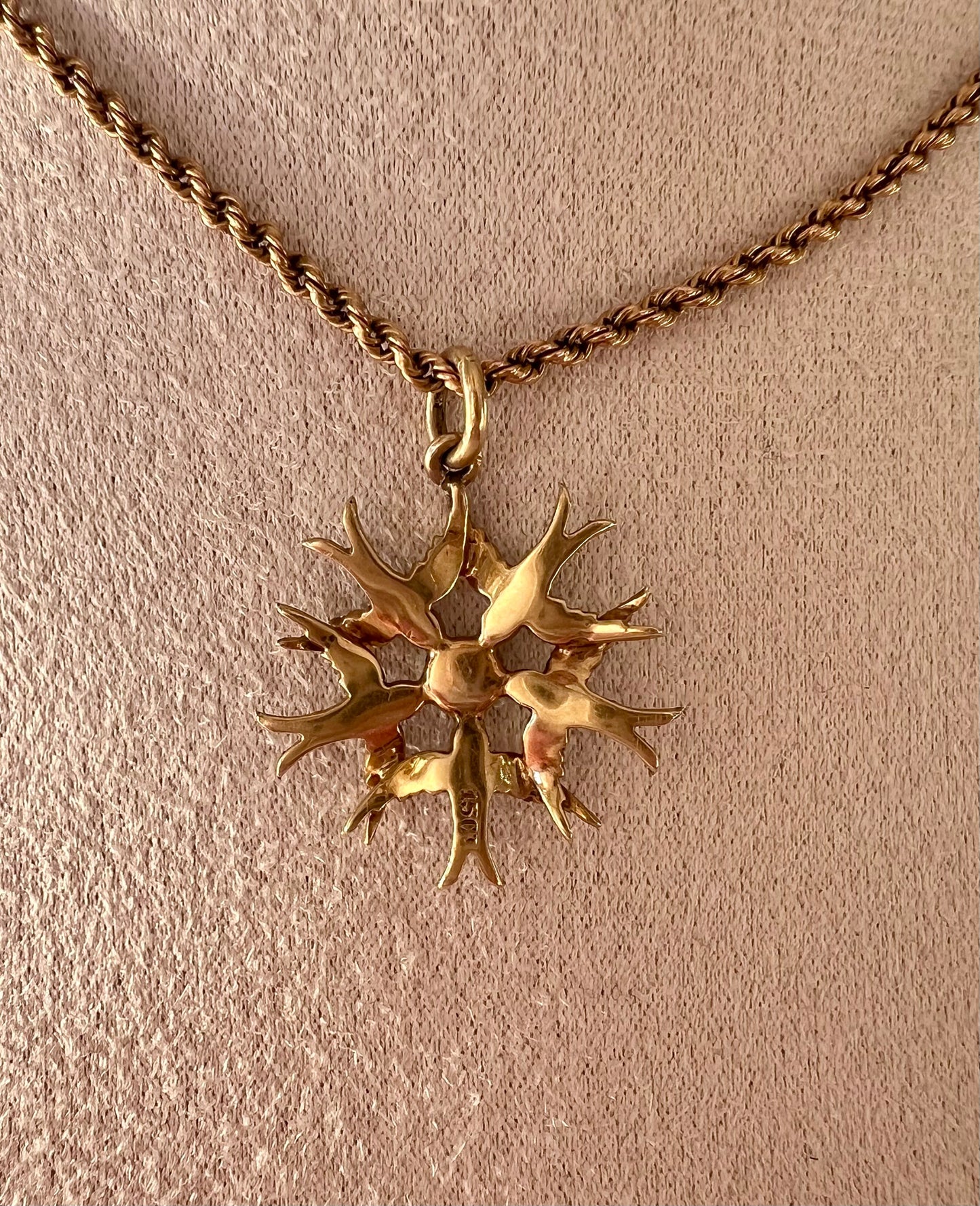 Antique Victorian 15ct Gold Seed Pearl and Turquoise Swallow Pendant Hudsons Estate Jewellery