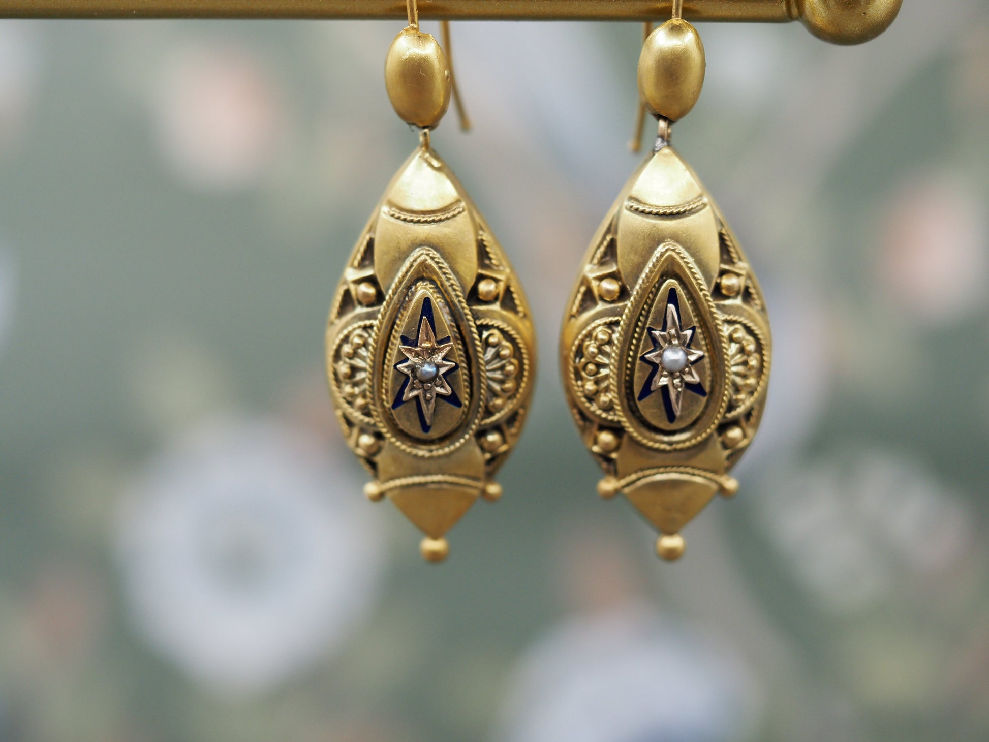 Antique Pearl and Enamel Etruscan Revival Earrings in 18ct Gold Hudsons Estate Jewellery