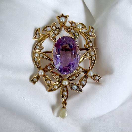 Amethyst & seed pearl 15ct brooch/pendant