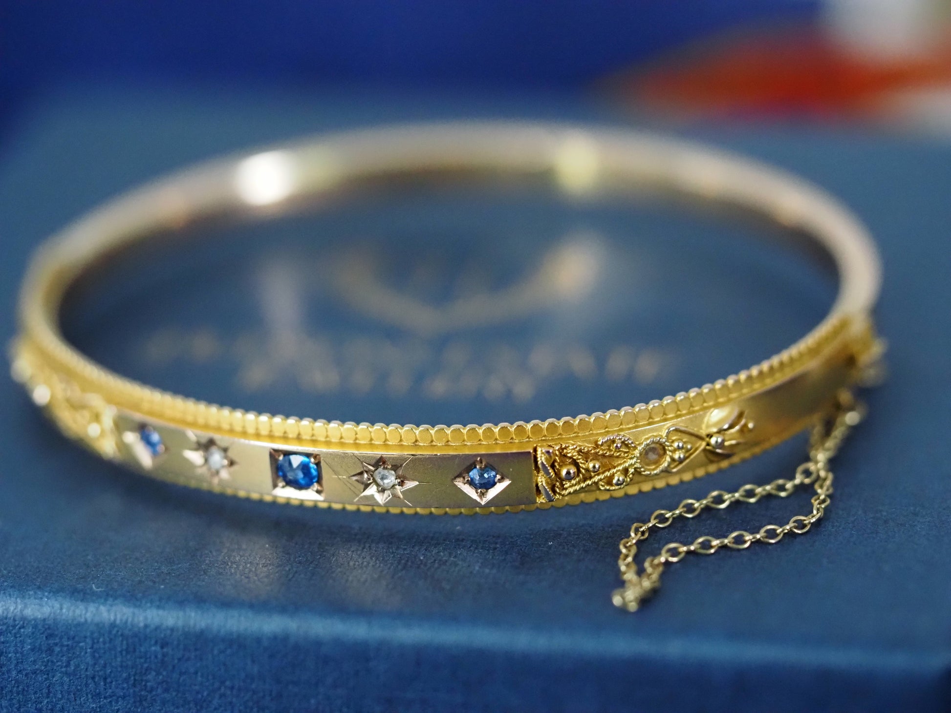 Antique 9ct Gold Sapphire & Diamond Bangle Hudsons Estate Jewellery